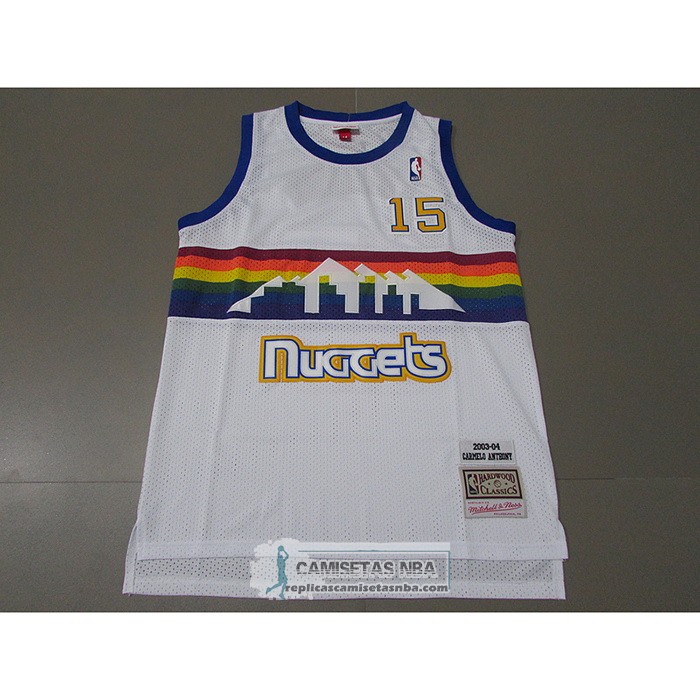 Camiseta Denver Nuggets Carmelo Anthony NO 15 Mitchell & Ness 2003-04 Blanco